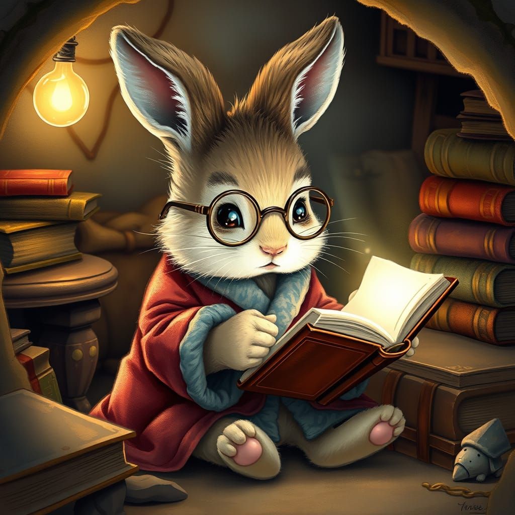 Whimsical Baby Rabbit Reads by Firefly Light