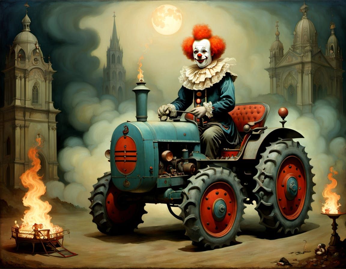 Sorrowful Clown Before Burning Cathedral in Surrealist Style