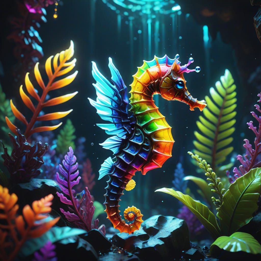 Enchanted Rainbow Seahorse in Neon Bioluminescent Haven