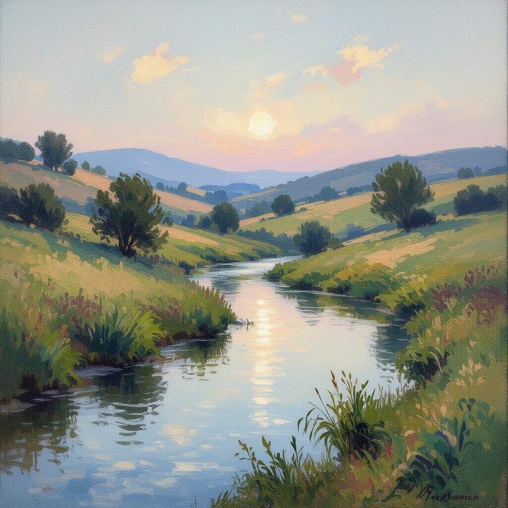 Peaceful River Landscape Painting with Ethereal Sky
