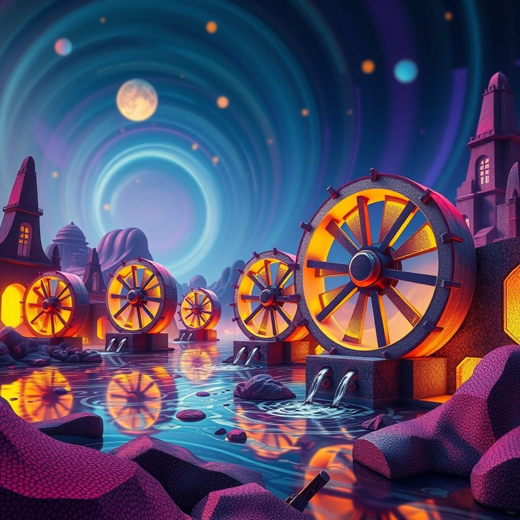 Surreal Futuristic Waterwheels in Geometric Abstract Landsca...