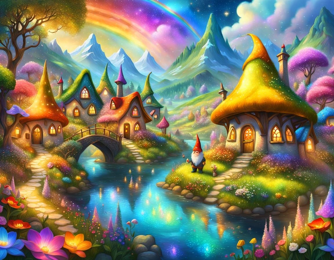 Iridescent rainbow stardust glittering gnome village, spring valley Blooming flowers