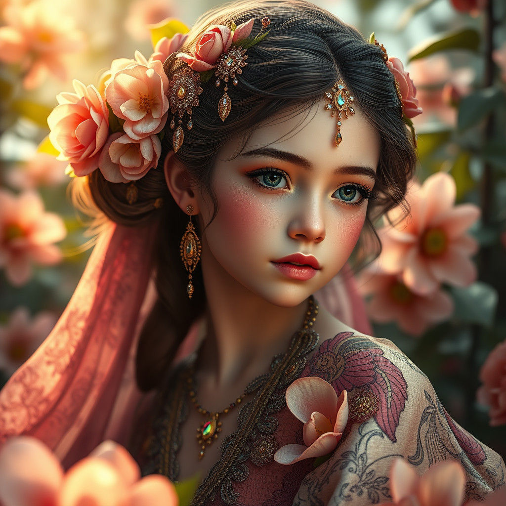 Ethereal Fantasy Flower Girl Portrait in Opulent Style