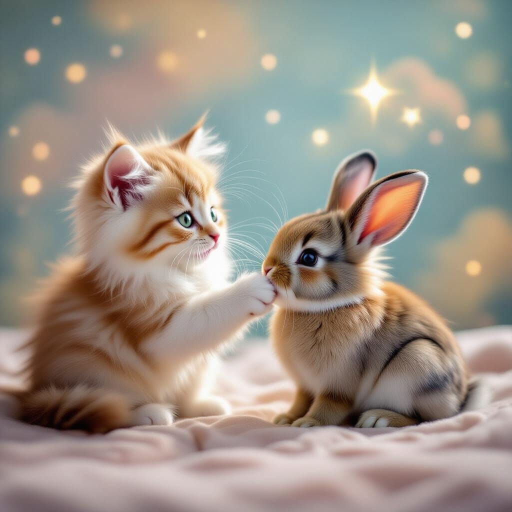 Kitten and Rabbit Play in Dreamy Starscape
