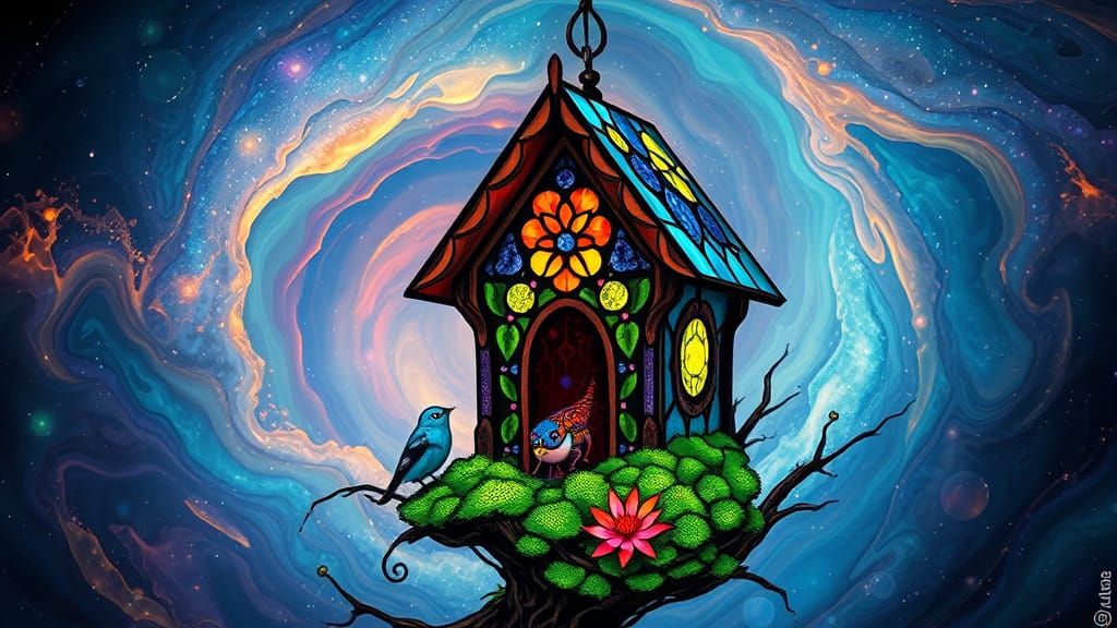 Stained Glass Birdhouse in Swirling Nebula