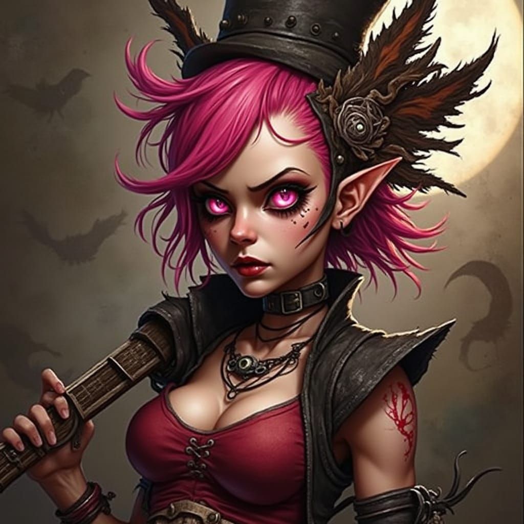 Cyberpunk Punk Rock Goblin Girl with Piercing Gaze