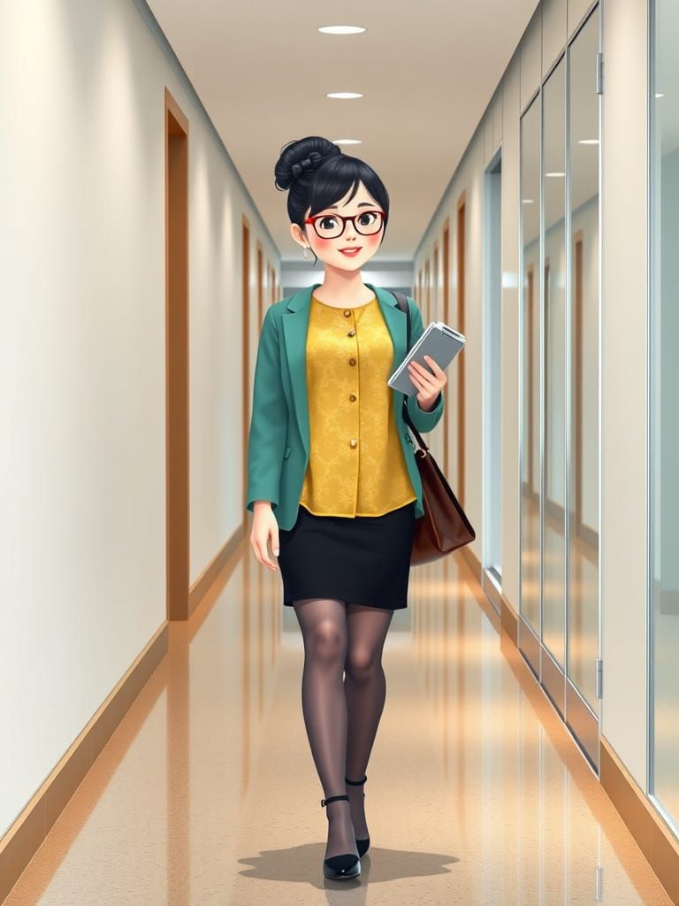 Chinese Secretary Walking in IT Company Kawaii Style