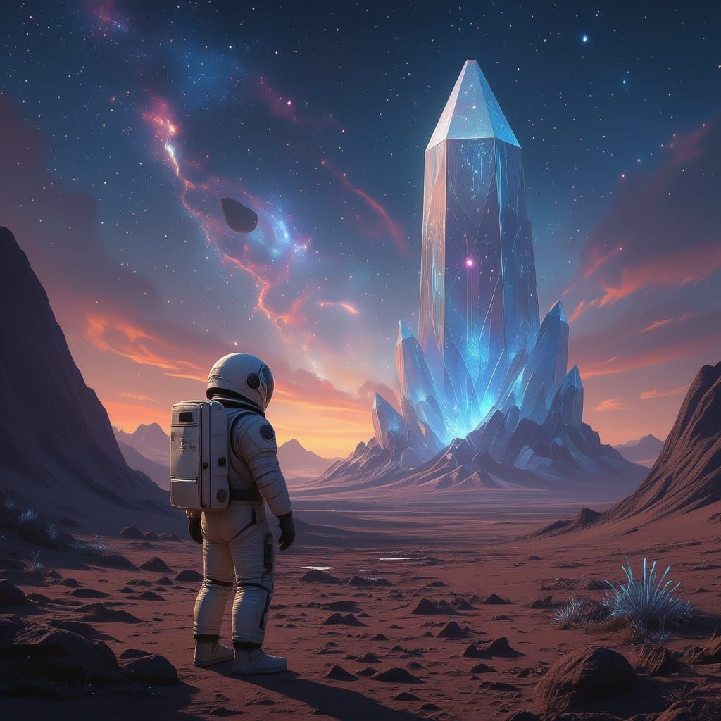 Astronaut on Alien Planet with Crystal Structure