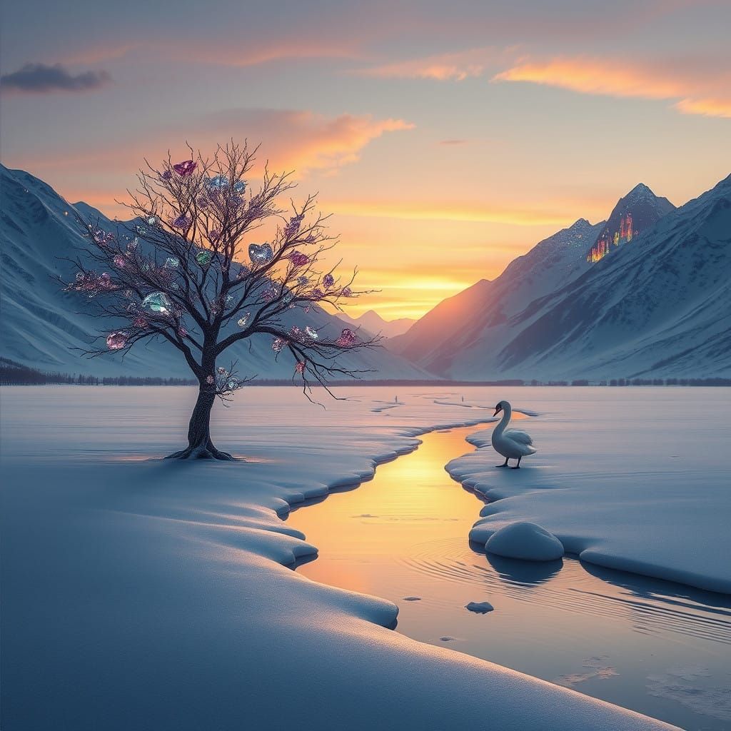 A serene minimalistic diamond landscape.. A solitary tree encrusted with shimmering gemstones—amethyst, emeralds, and sa...