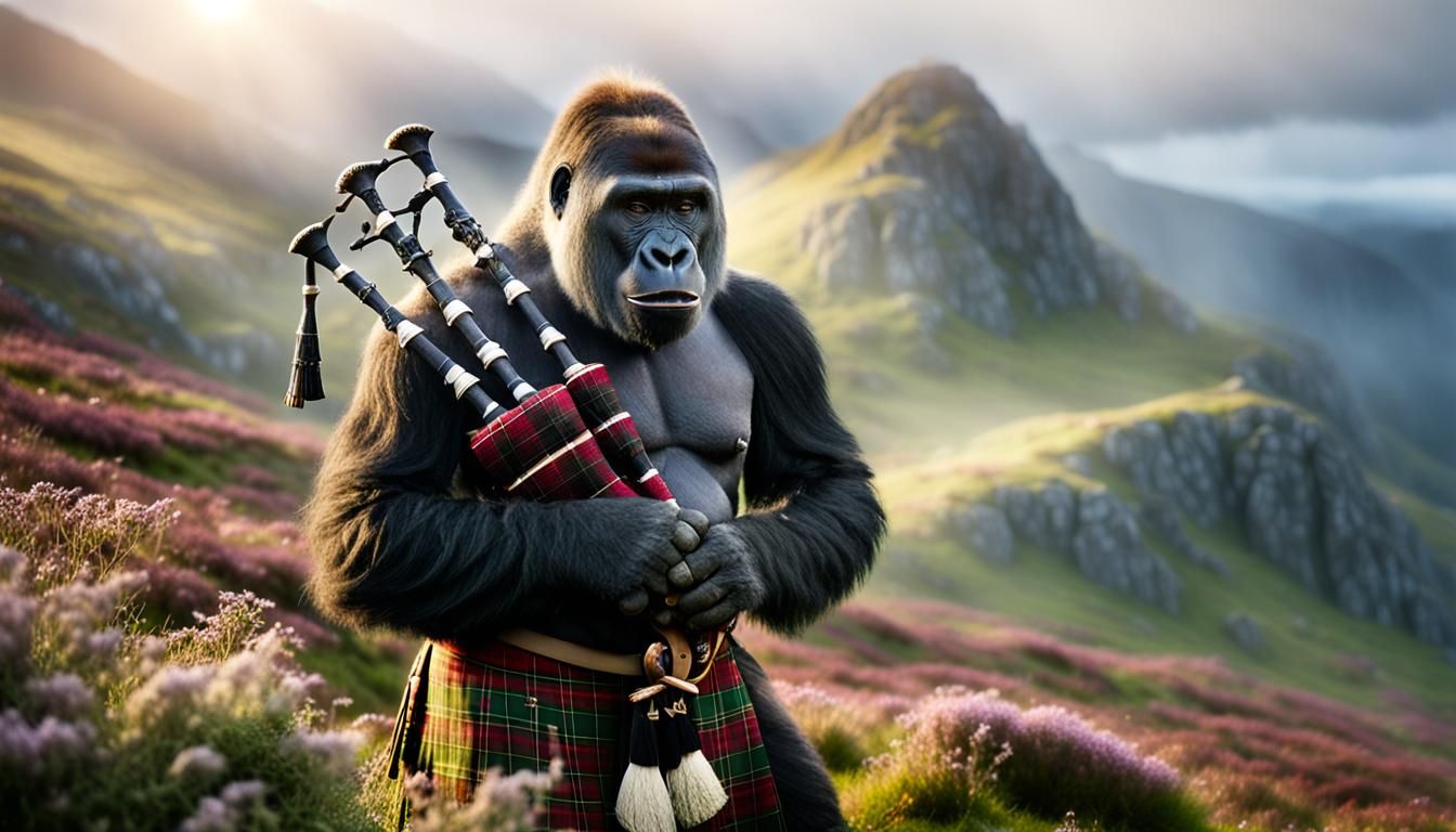 Gorilla Plays Bagpipes in Misty Scottish Highlands