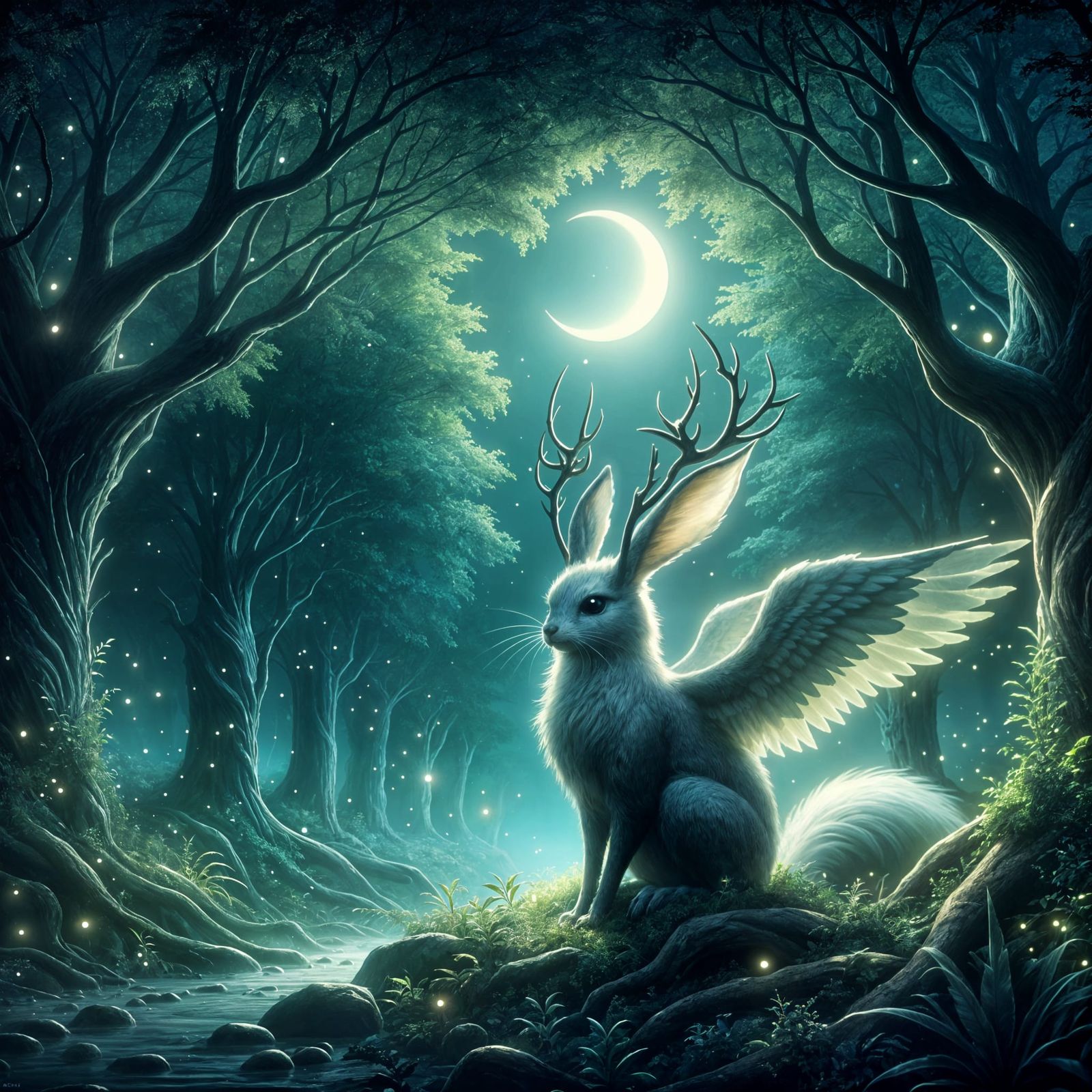 Wolpertinger in Ethereal Moonlit Forest Digital Art