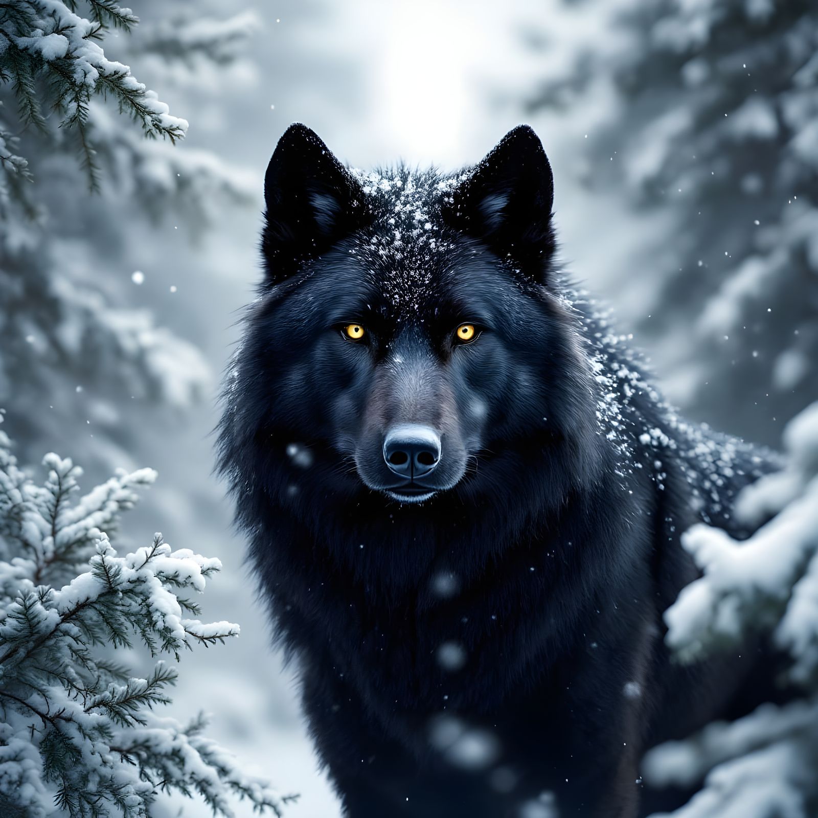 Serene Winter Wolf in a Snowy Forest Landscape