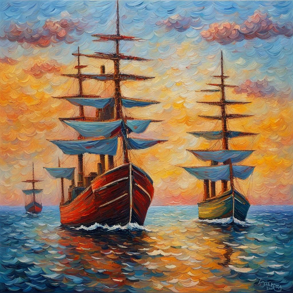 Ships at Sea in Expressionist Impasto Style