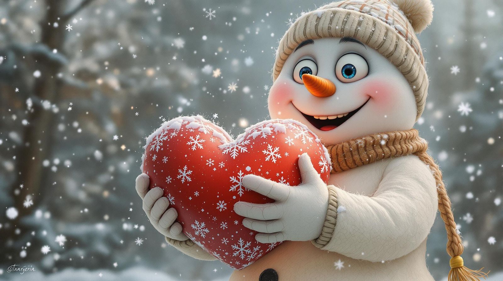 Surreal Snowman Holds Heart in Intricate Oil Painting