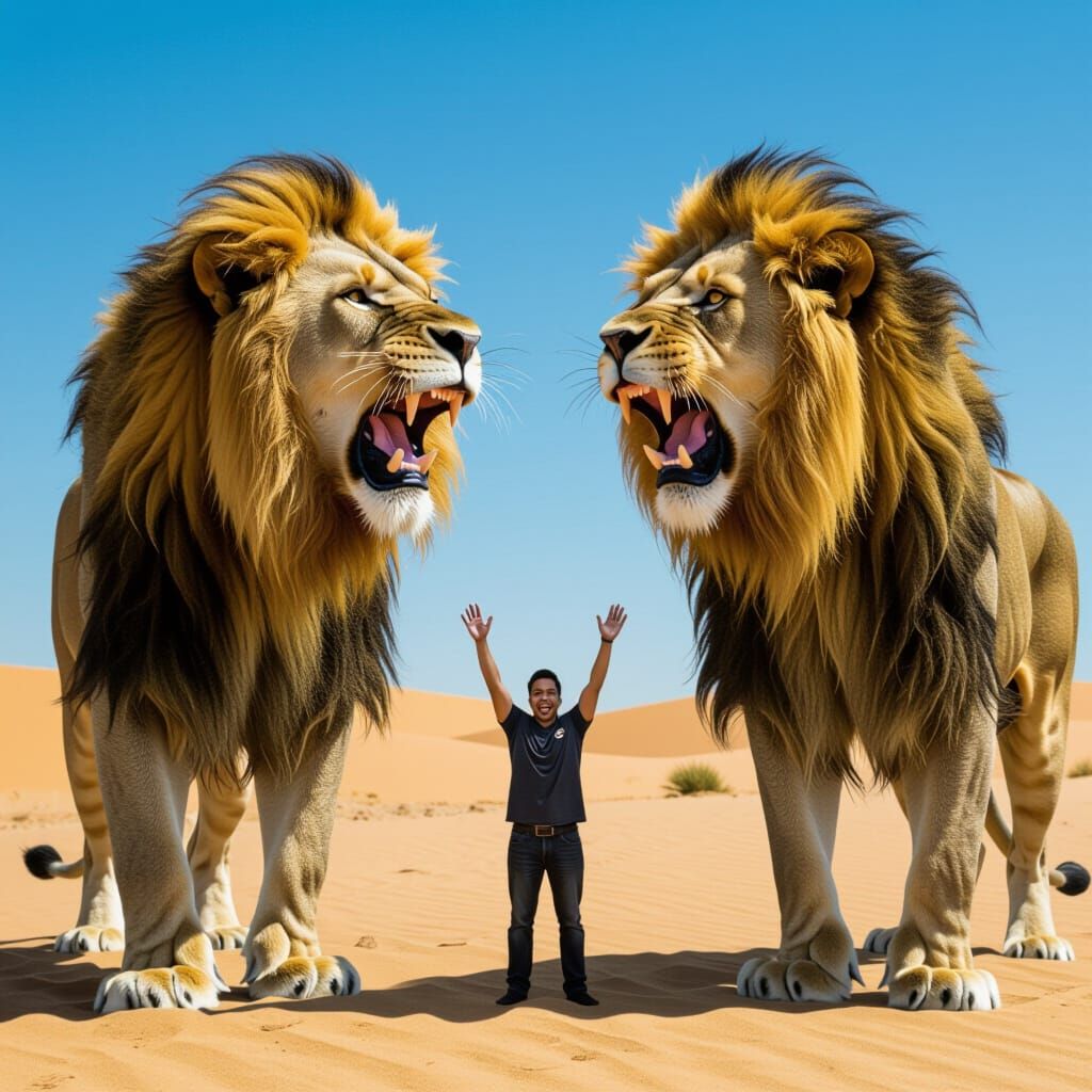 Man Emerges From Open Lion's Mouth in Desert