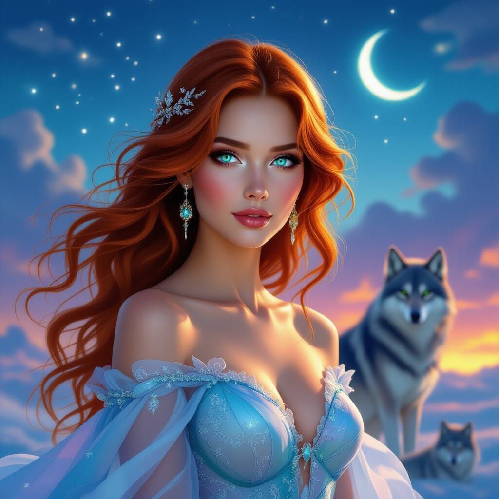 Celestial Woman With Red Hair and Turquoise Eyes