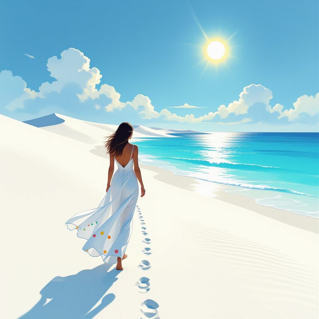 Serene Beach Landscape with Woman in Watercolor Style