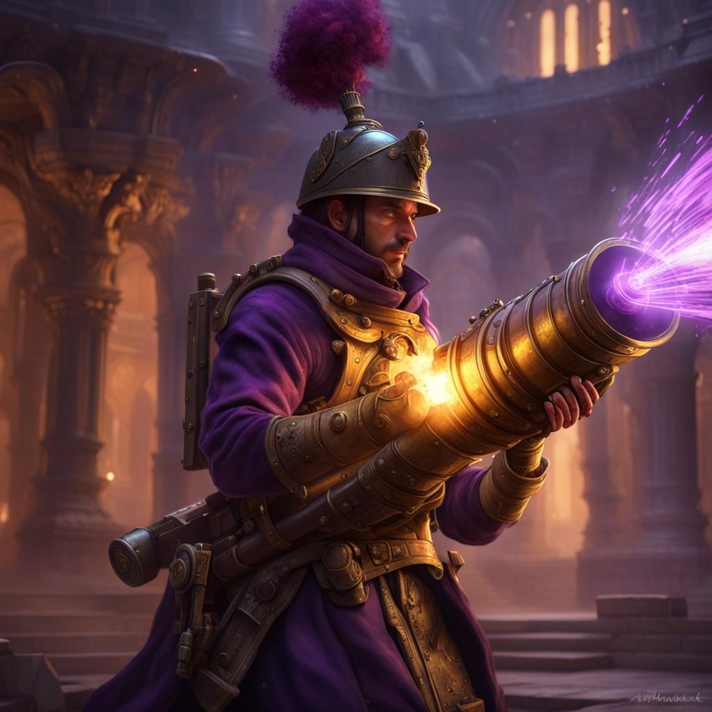 Soldier with Mystical Energy Cannon in Dark Fantasy Style