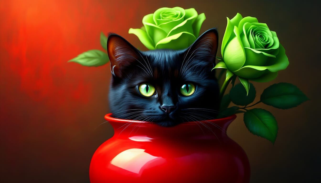 Black Pearl Cat Hiding in Red Vase with Green Roses