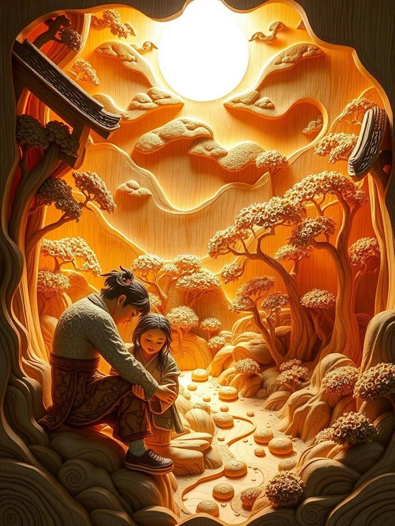 Detailed 3D Japanese Landscape Carved in Wood