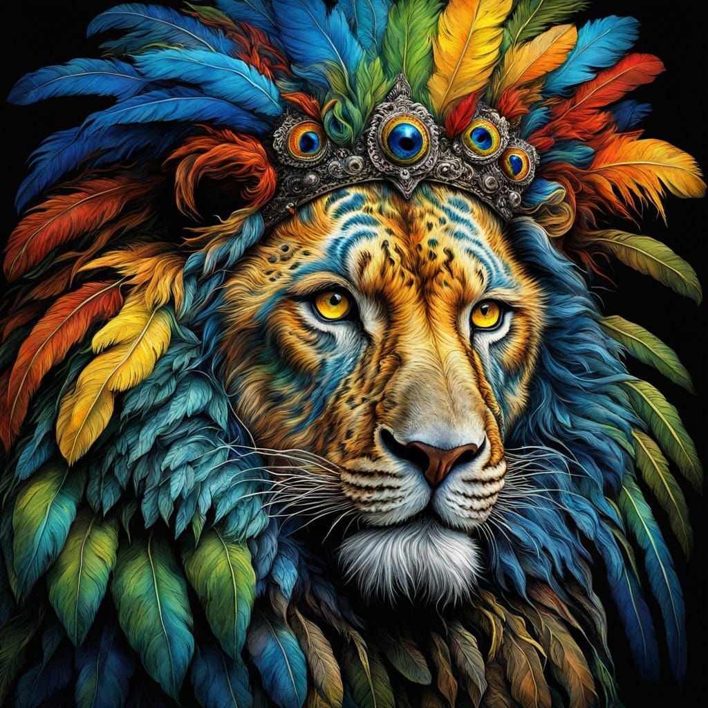 Mystical Lion-Parrot Hybrid in Vibrant Oil and Ink