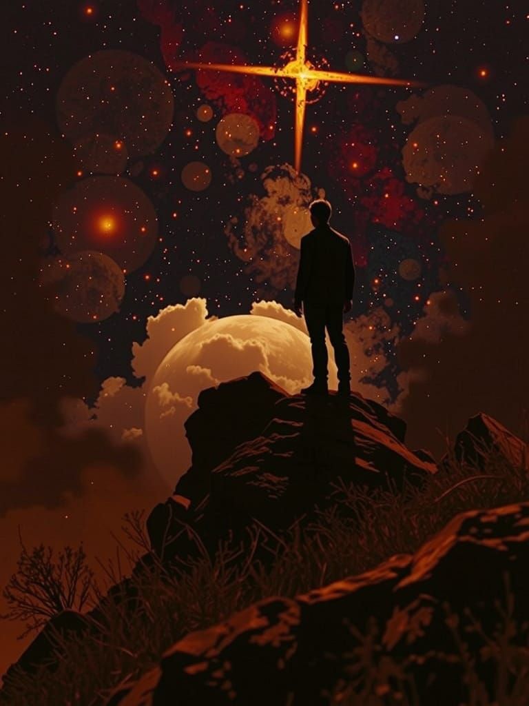 Figure on Cliff Gazing at Starry Sky in Graffiti Art Style