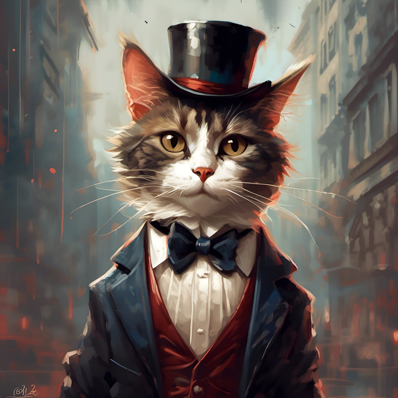 Cat in Tuxedo Portrait, Digital Illustration