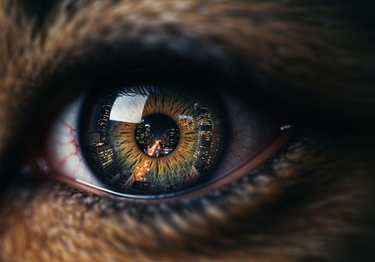 Cat's Eye Reflecting a Miniature City at Night