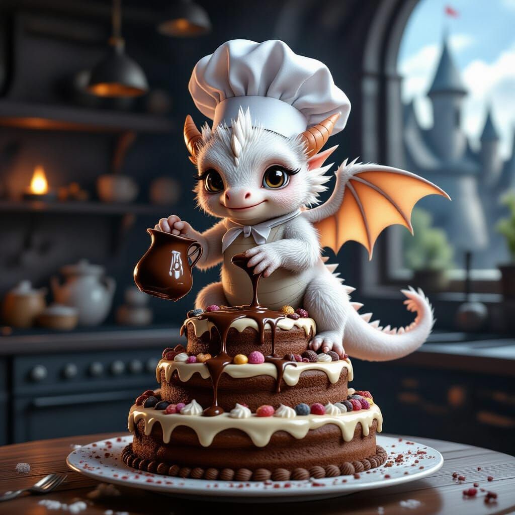 Cute Winged Dragon Chef Over Chocolate Cake