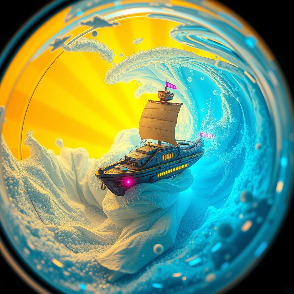 Surreal Futuristic Washing Machine Scene with Glowing Ship a...