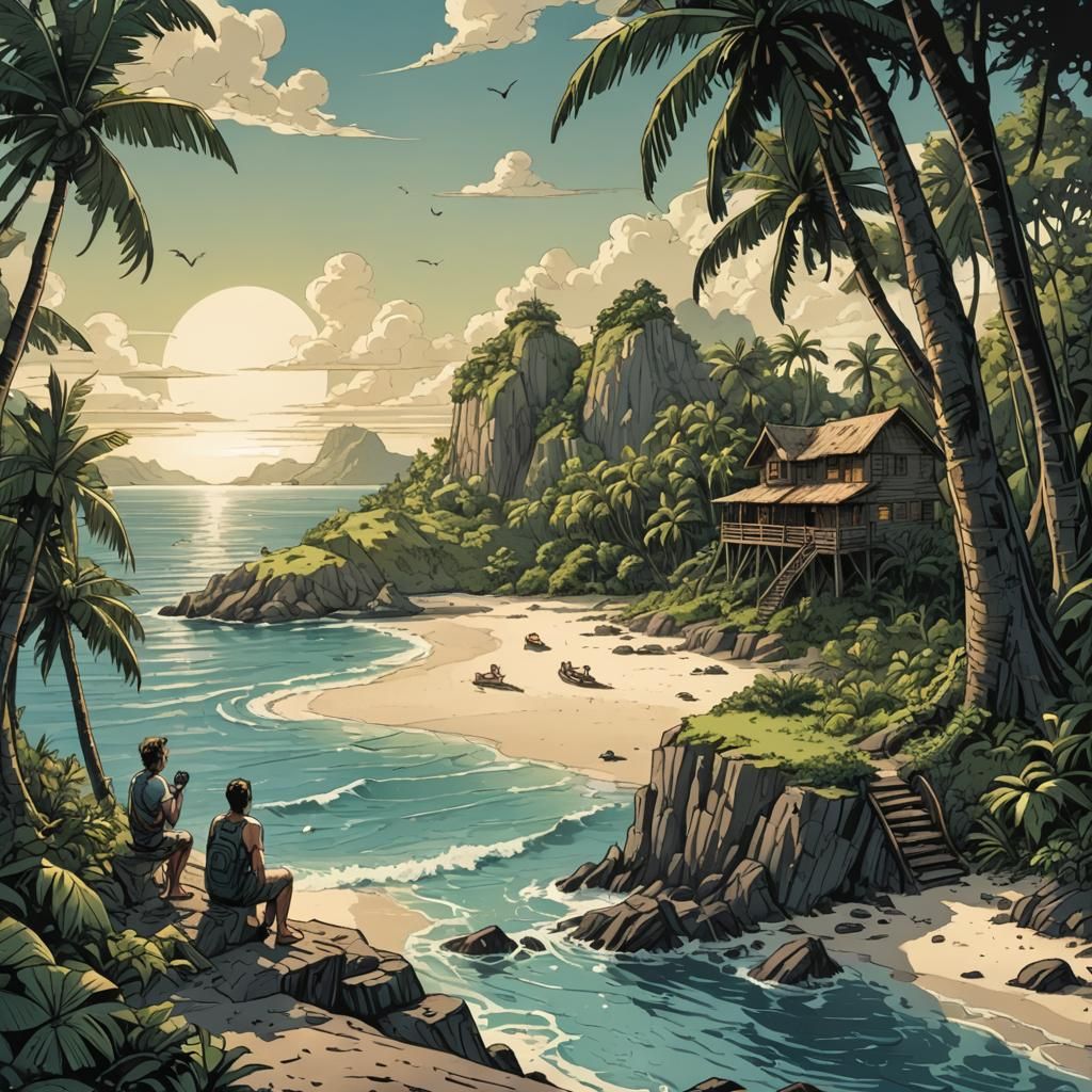 Serene Island Vacation in Comic Book Style