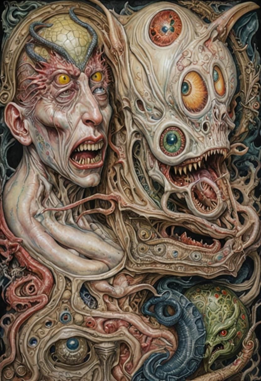 Albino Contortionist Chimera in Surreal Fantasy Style