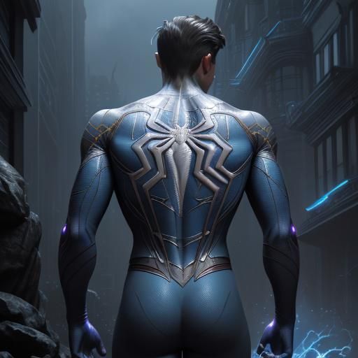 Silver Blue Spiderman Back: Dark Fantasy Concept Art