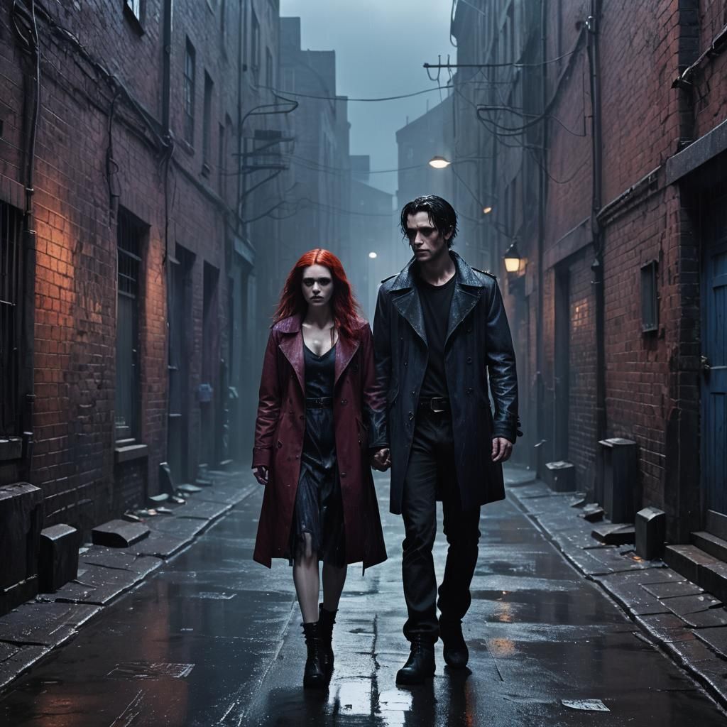 Gothic Dark Fantasy Couple in Rainy Alley