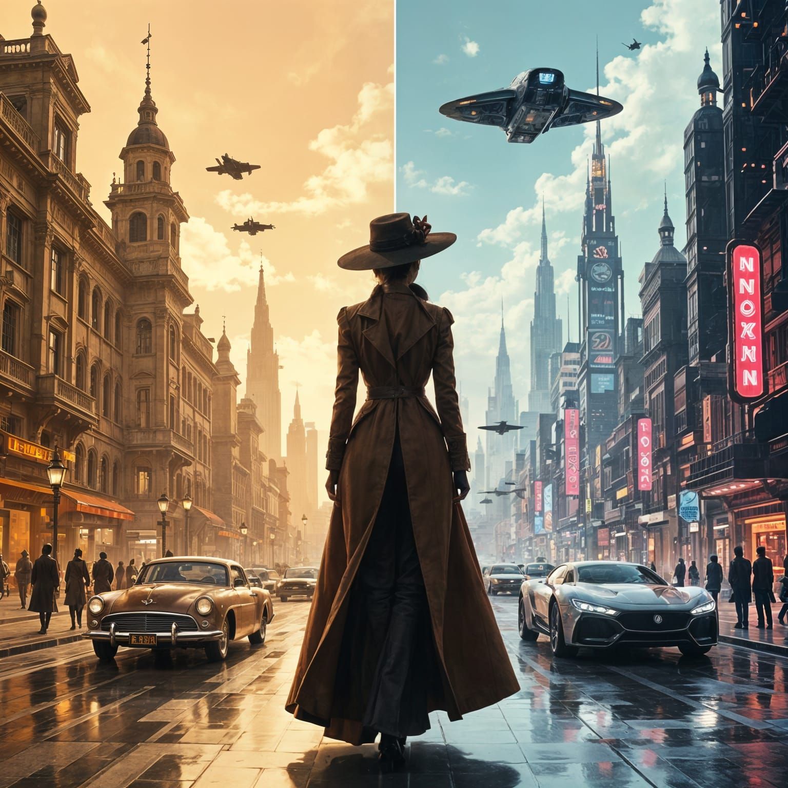 Bridging Worlds: Historical Sepia Meets Futuristic Metropoli...