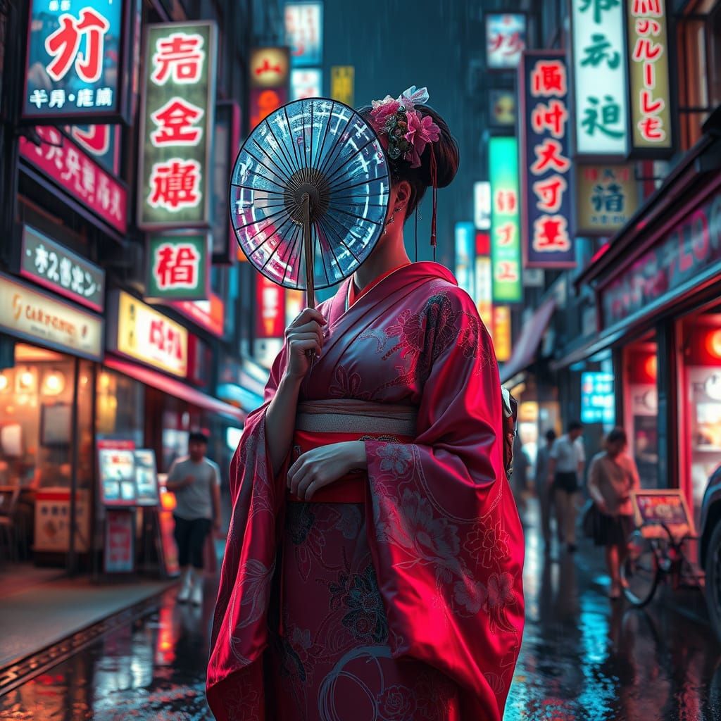 Cyberpunk Geisha in Tokyo Night Market