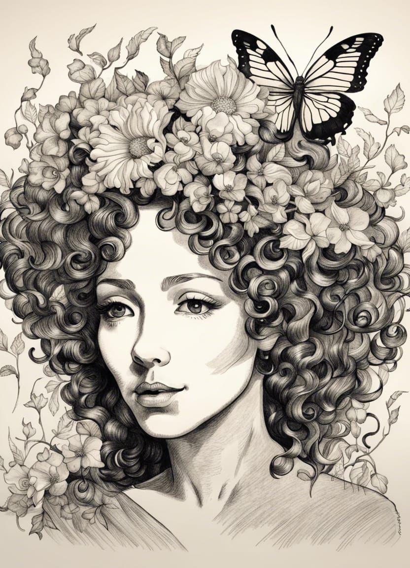 Ink Portrait: Woman with Flowers, Van Gogh Style