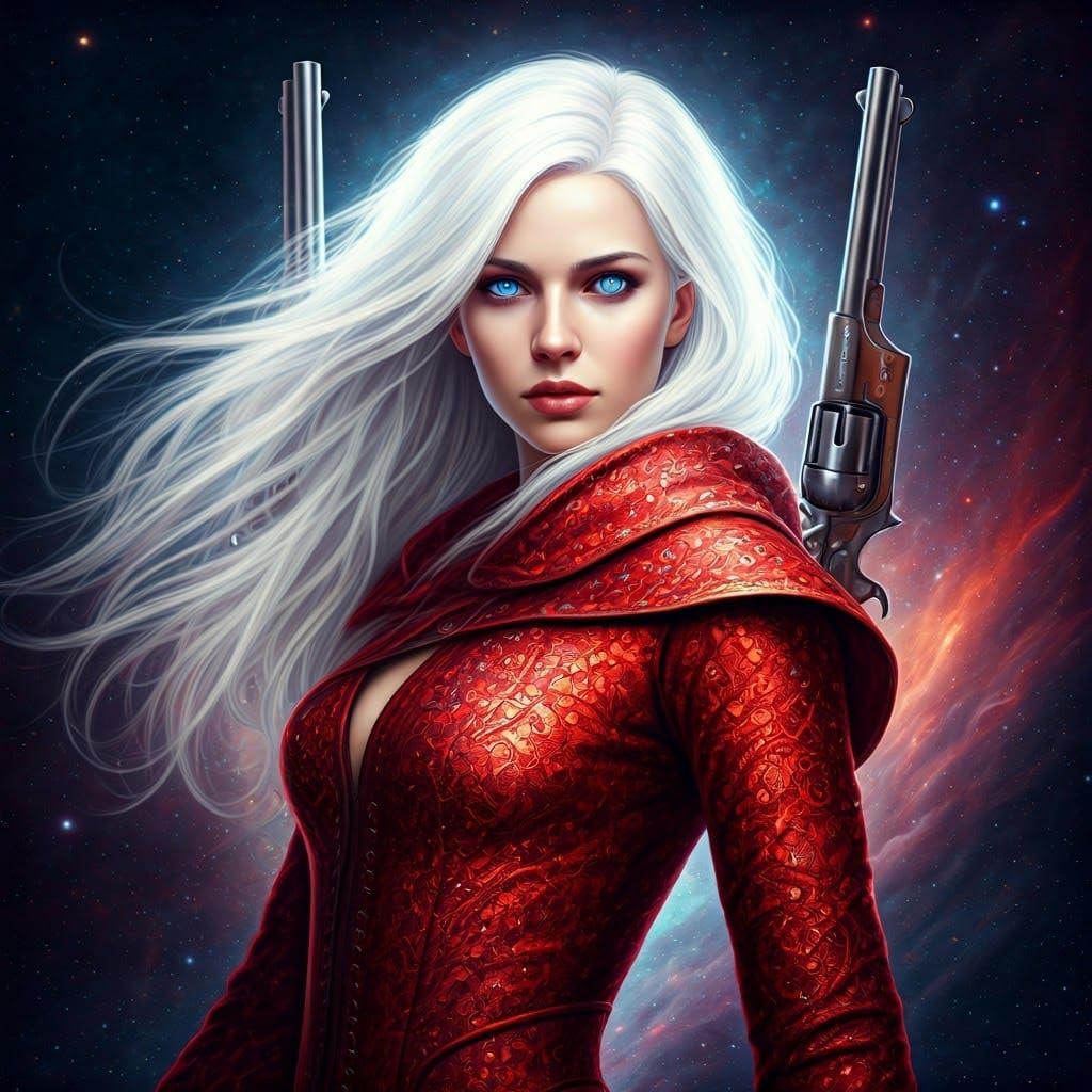 Silvery Woman with Revolvers in Cosmic Scene