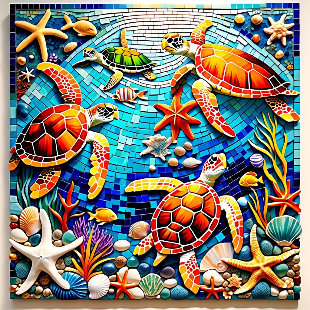 Vibrant Mosaic Artwork of Sea Turtles
