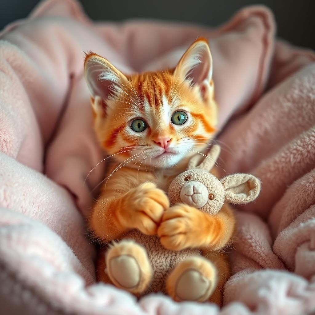 A young ginger kitten , really fluffy, in a pale pink fluffy...
