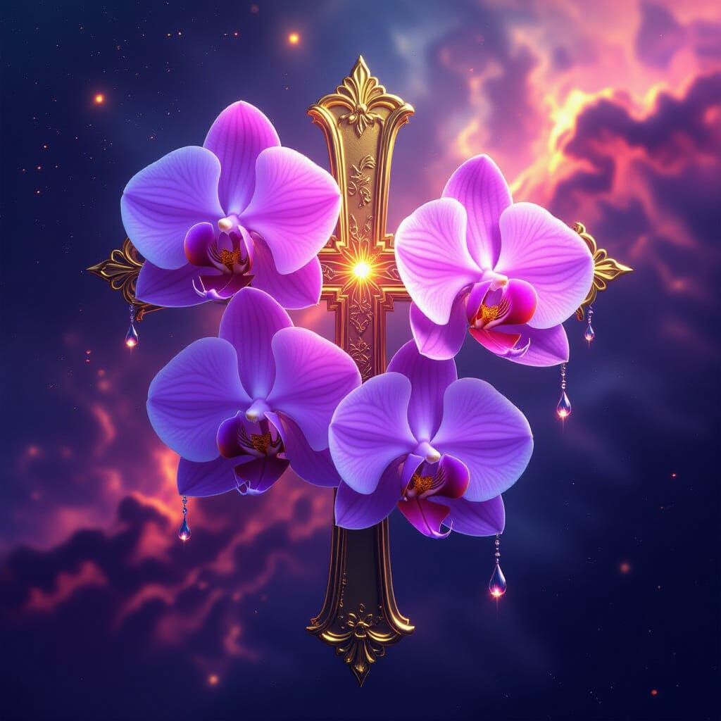 Majestic Purple Orchids With Golden Cross In Cosmic Nebula