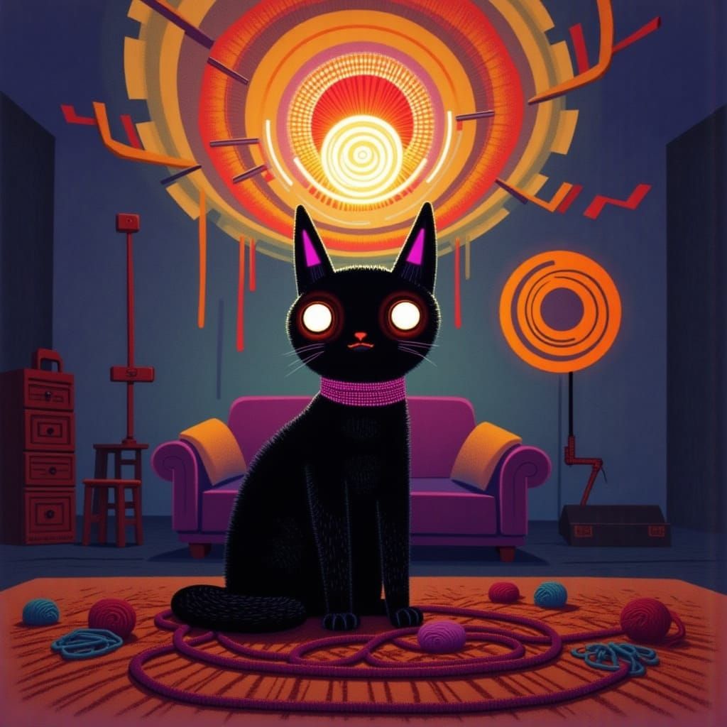 Black Cat Playing with Yarn Under Energy Sphere
