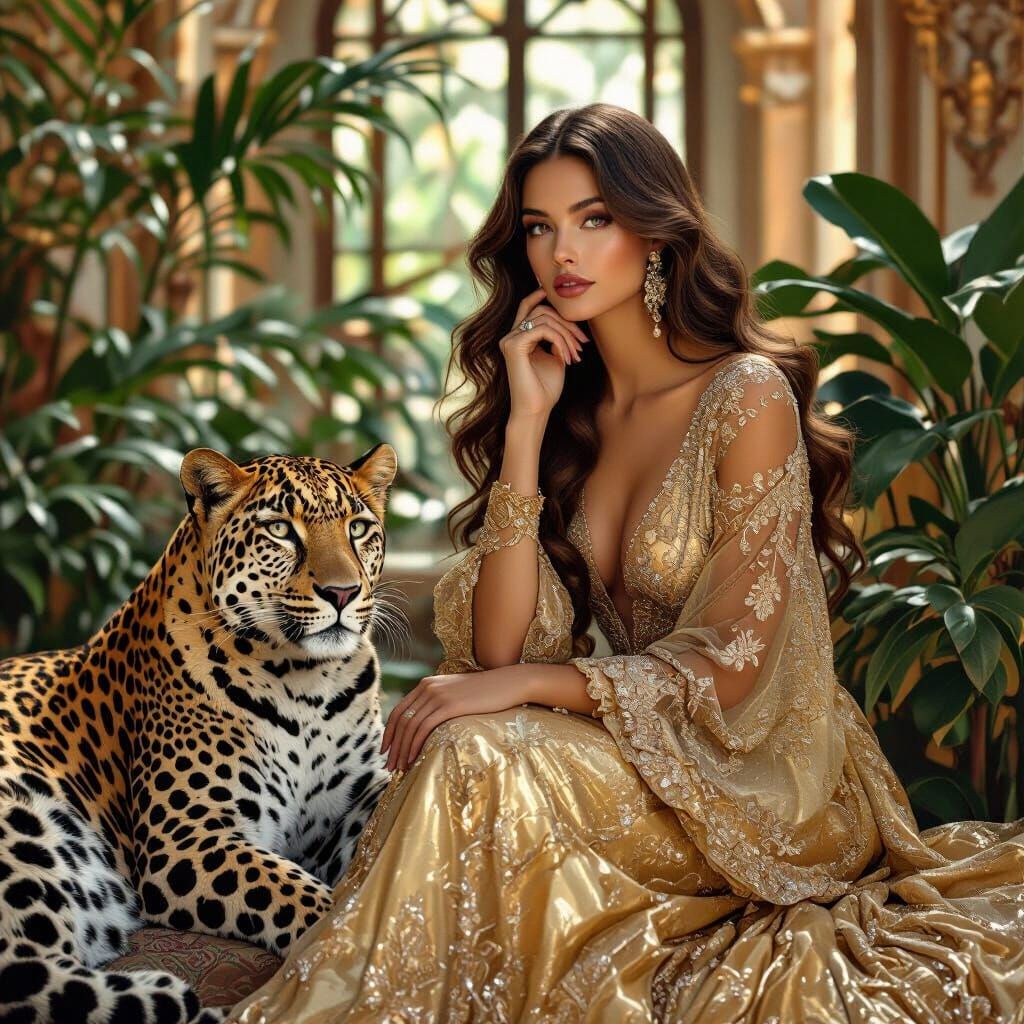 Woman in Gold Gown with Leopard, Art Nouveau Style