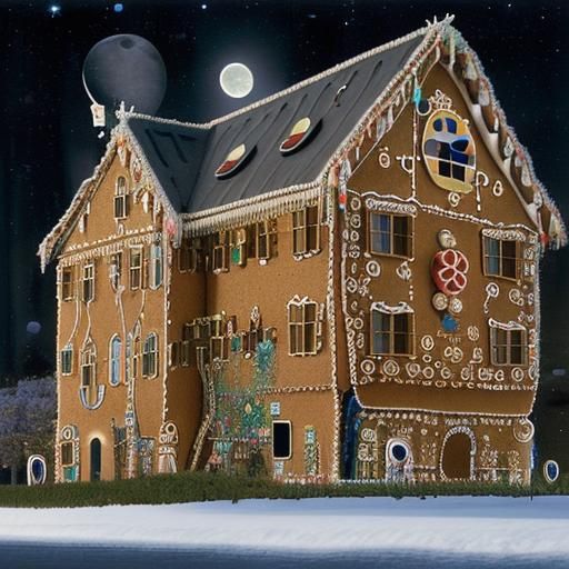 Gingerbread House in Klimt Style Under Moonlight