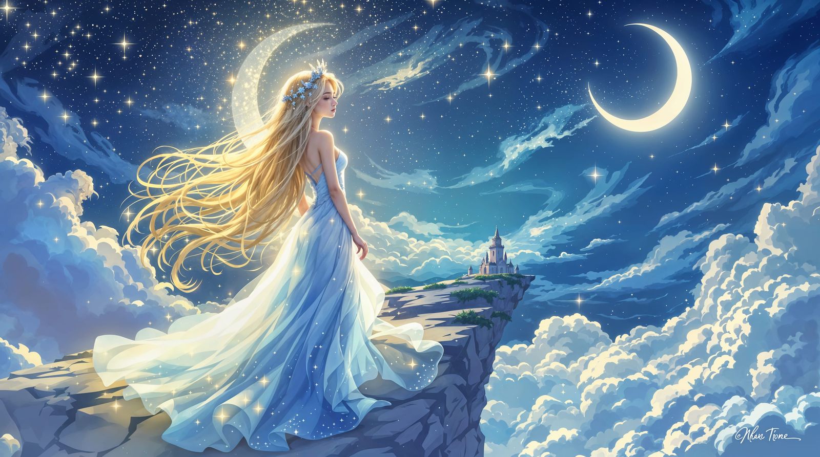 Ethereal Princess Under Crescent Moonlight