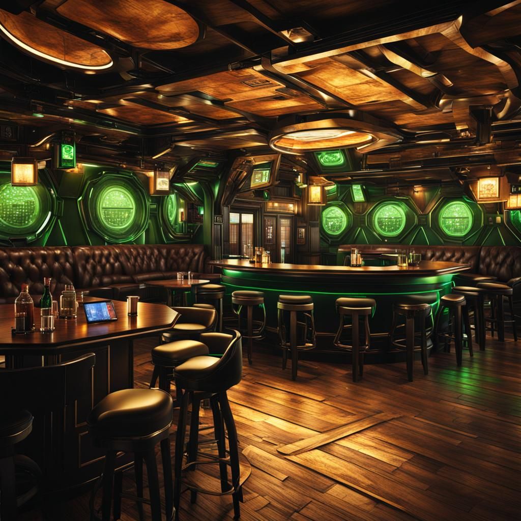 Futuristic Irish Pub Interior in Cyberpunk Style
