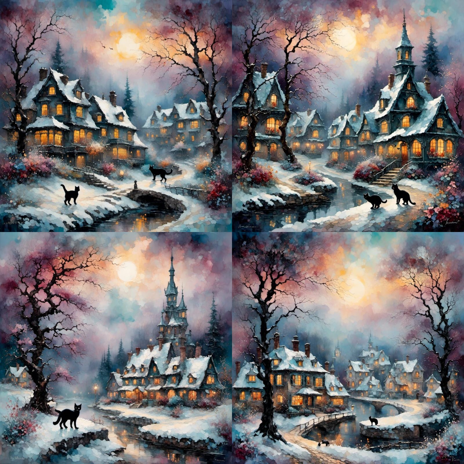 Black cat, winter scene, ethereal fantasy hyperdetailed mist...