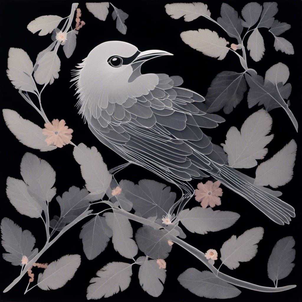 Surreal Photogram of Gray Catbird with Flowers