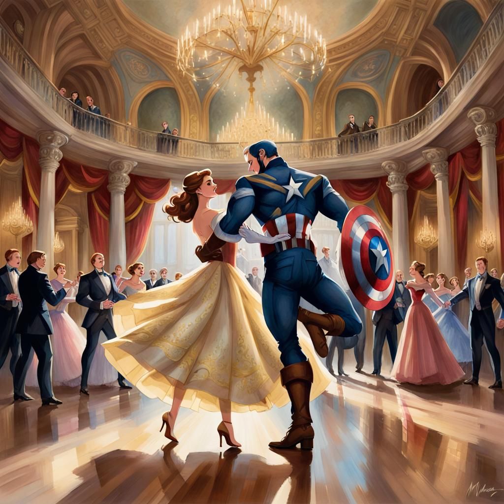 Belle and Beast-Captain America Fusion Dance: Gouache Impres...