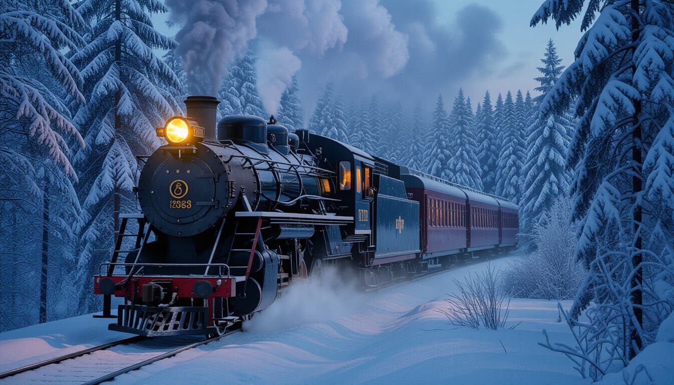 Vintage Steam Train in Snowy Forest at Twilight
